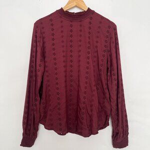 H&M Eyelet Embroidered Broderie Anglaise Long Sleeve Blouse Top Size 8 Maroon